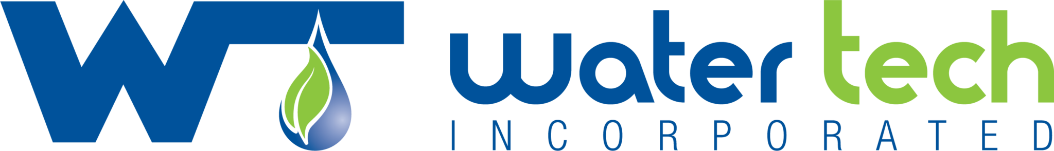 Water Tech logo: The blue "w" and blue and green water drop to the left of "Water tech INCORPORATED."