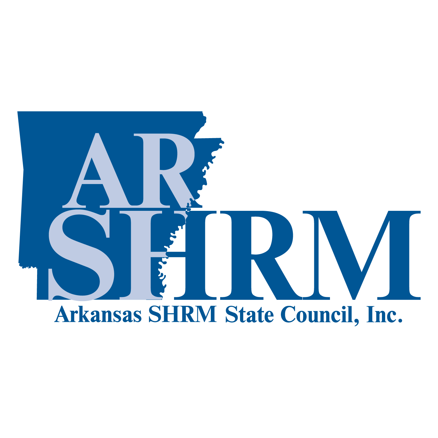 The Arkansas SHRM logo. A blue filled-in outline of Arkansas is behind AR and the "SH" of "SHRM," and underneath it says " Arkansas SHRM State Council, Inc.".