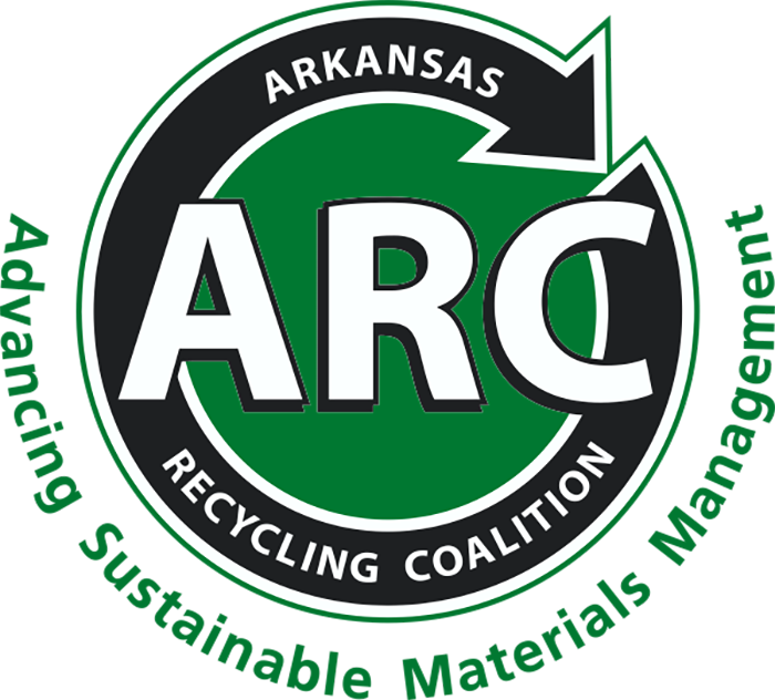 ARC logo: an black arrow circle surrounding a green circle. The text says "Arkansas Recycling Coalition" in the black arrow and ARC is across the green. Around the circle it says "Advancing Sustainable Materials Management."