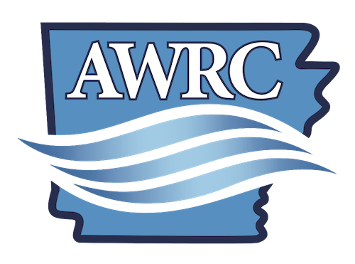 AWRC on a background of Arkansas with ripples of water breaking up the middle.