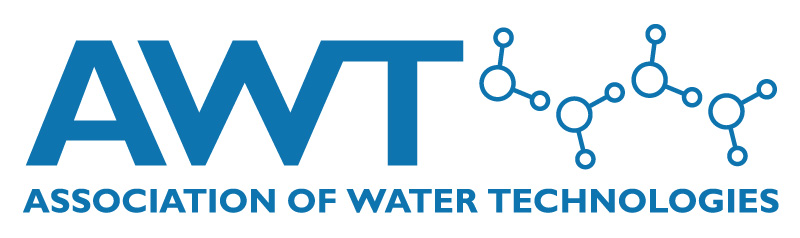 Association of Water Technologies logo: Above the name of the company it has "AWT" and little line drawings of water molecules."