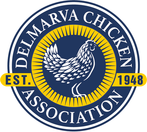 DelMarva Chicken Association logo: A navy circle with white lettering and an inner yellow circle around a white drawing of a chicken. A yellow banner runs across saying "est. 1948."