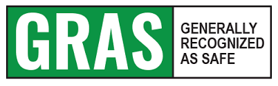 GRAS logo. "GRAS" is in white letters on a green rectangular background which is separated with a black bar and black letters on a white background says "Generally Recognized as Safe."