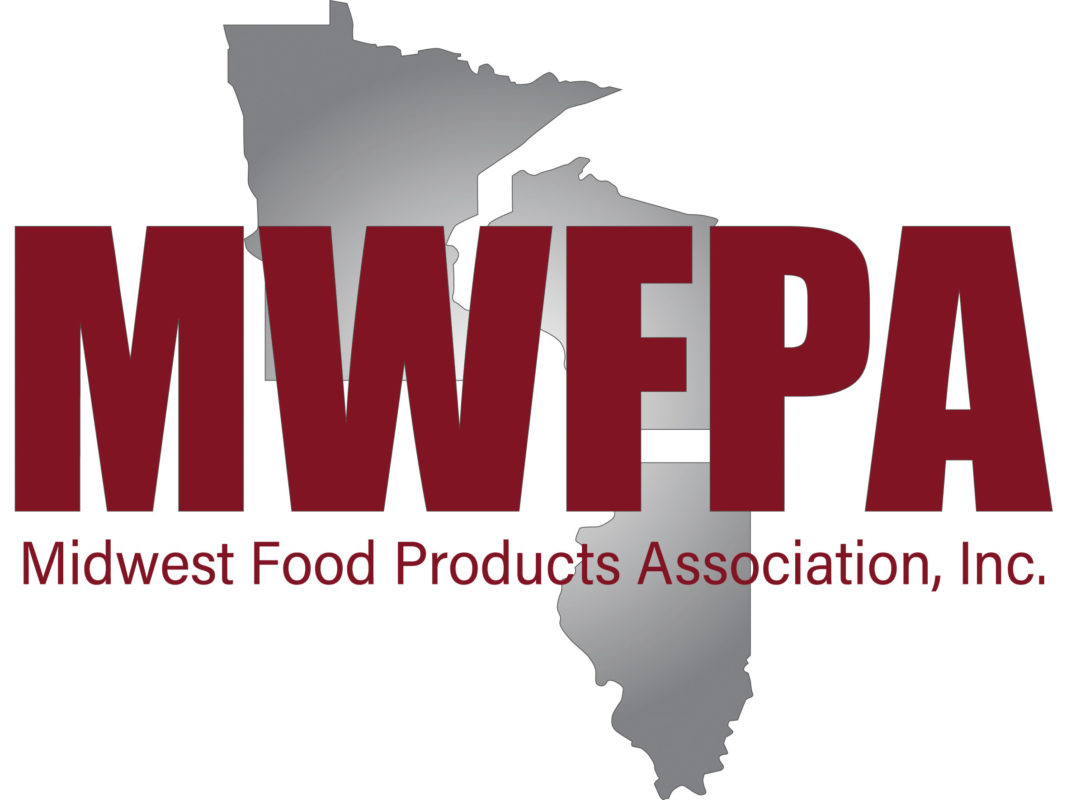 MWFPA logo. Gray images of Minnesota, Wisconsin and Indiana are in the background of big maroon letters " MWFTA" and below it says "Midwest Food Products Association, Inc."