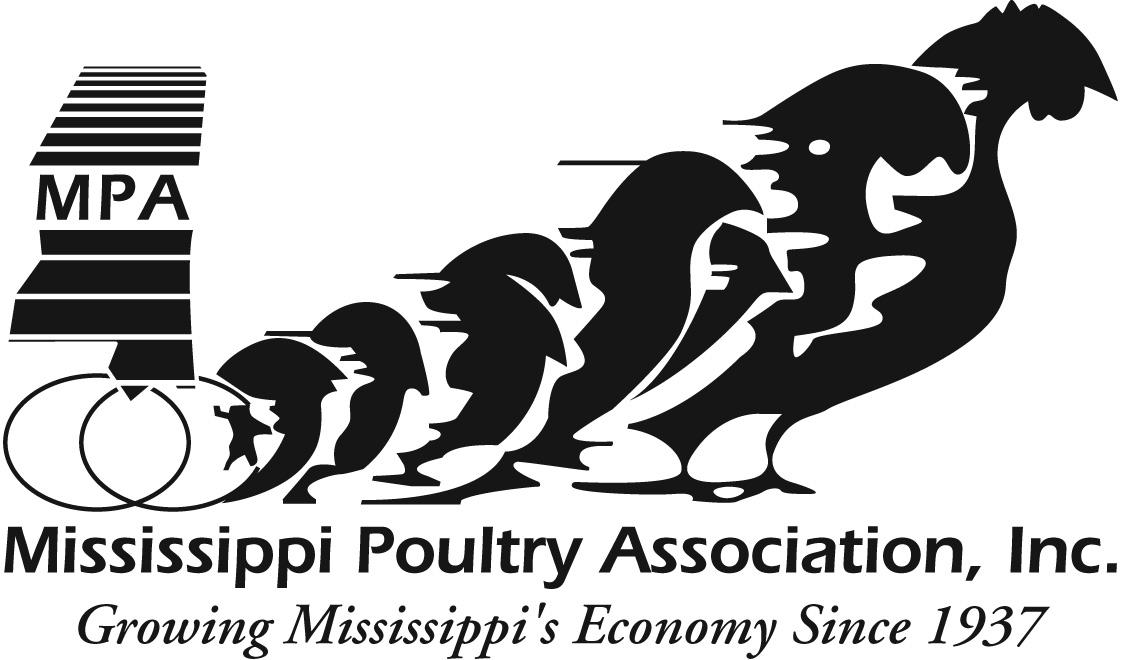 Mississippi Poultry Association logo. In the left corner is an outline of Mississippi State with "MPA" in the middle. Below it stretching across the logo is a black progression of an egg to a chicken but each image runs into each other. Below the image it says " Mississippi Poultry Association, Inc. Growing Mississippi's Economy Since 1937."