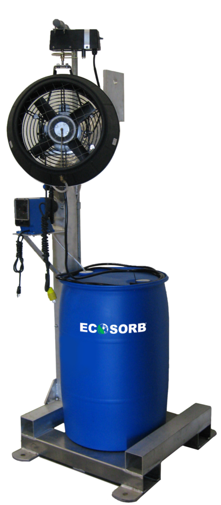 A blue Ecosorb barrel connected to a fan and a blue gauge.