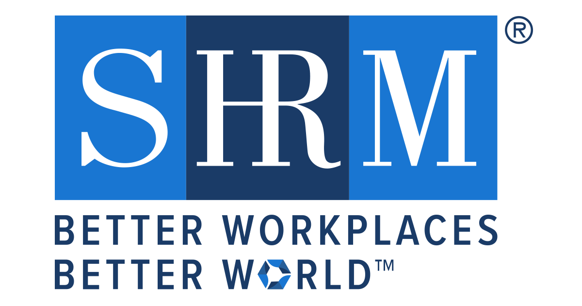 SHRM logo. The "S" and "M" are in bright blue boxes and the "HR" between are smashed together in a navy box. Below it say "Better Workplaces Better World."