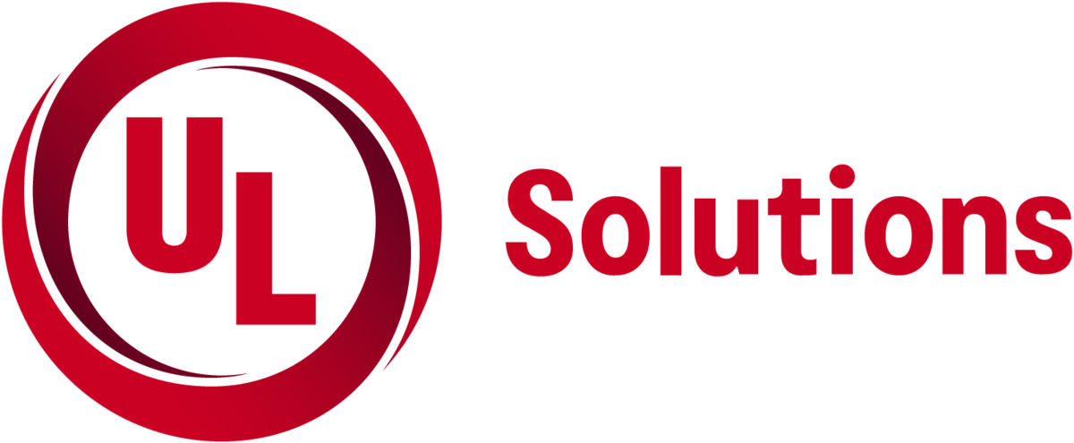 The UL Solutions logo. "UL" is in a red swirling circle and "Solutions" is spelled out beside it in red.
