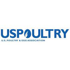 The US Poultry logo. "USPOULTRY" is in blue letters and the "o" is shaped like an egg with a feather inside. "U.S. poultry & Egg Association" is underneath is in smaller blue letters.