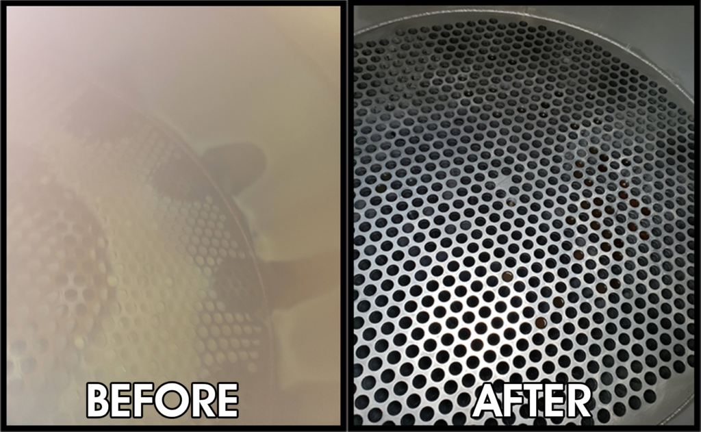 Before and after pictures of cleaning ethanol equipment. The before picture is a brown haze and the after picture shows the clean gray sieve.