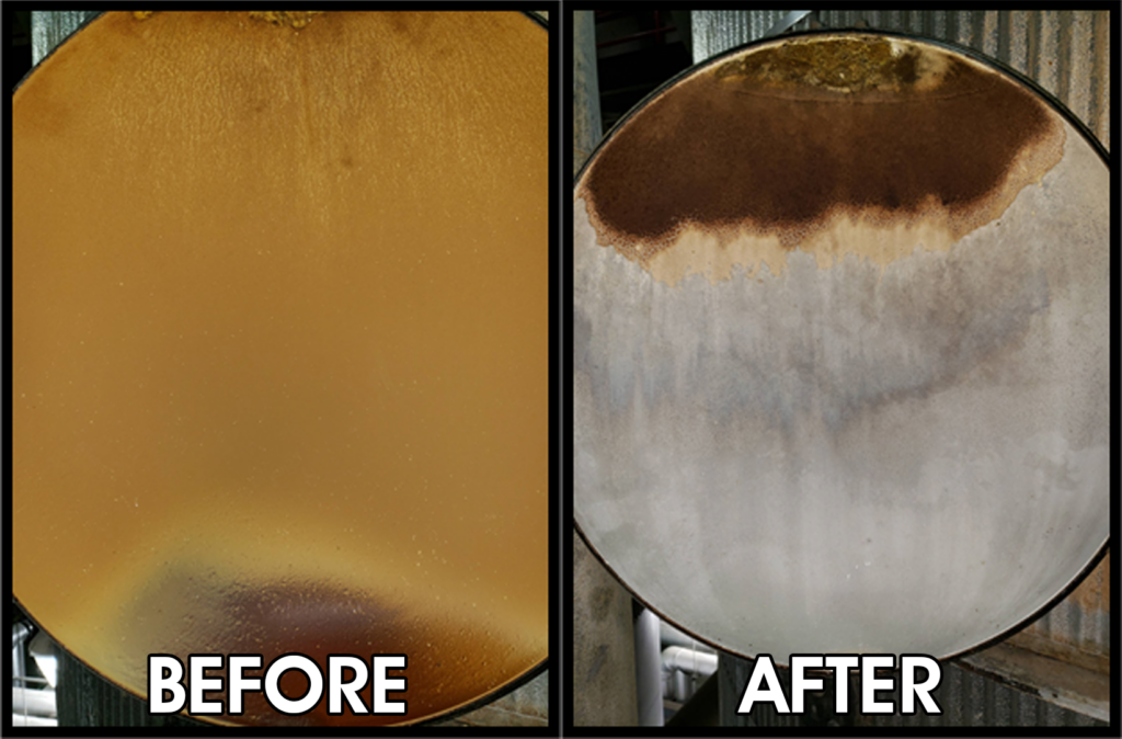 A before and after picture of ethanol equipment. Before the round metal disk was brown, and after the gray metal can be seen.