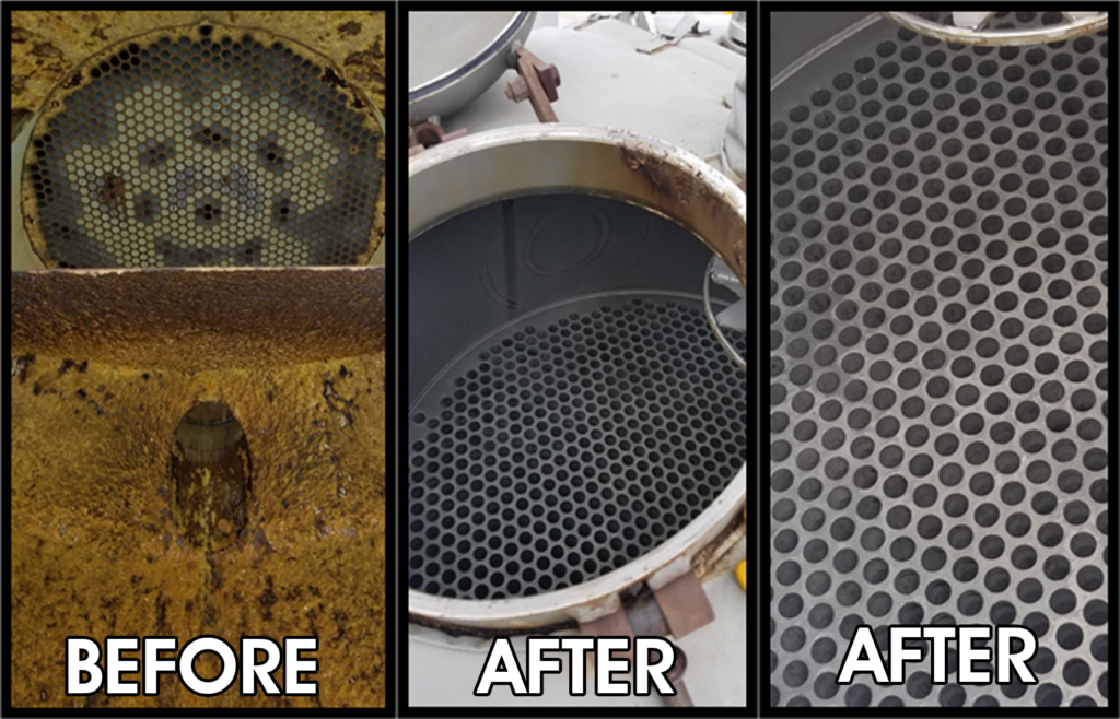 Before and after images of cleaning ethanol equipment. The before picture shows a piece of equipment clogged with brown pulp. The after pictures show the cleaned out holes.