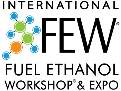 International Fuel Ethanol Workshop & Expo (FEW) logo. The logo has black letters and a group of blue, green, and an orange dot to the side of "FEW."